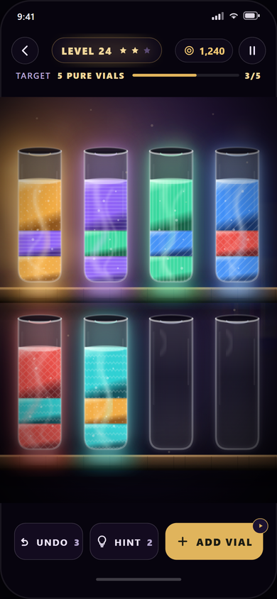 Elixir Sort gameplay screen showing glowing liquid in tubes